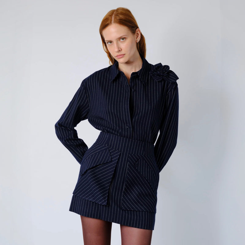 AKNVAS The Flor shirt in navy pinstripe