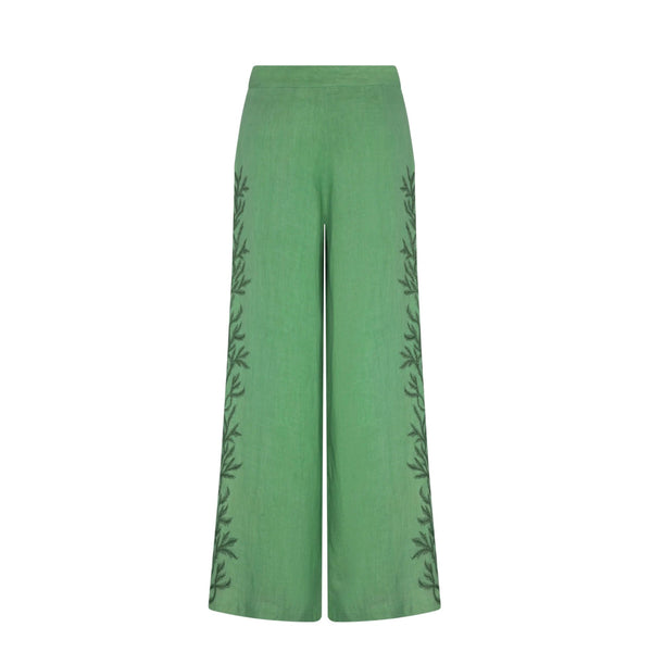 Carolina K Palazzo Pants Green | Embroidered Wide-Leg Linen Pants