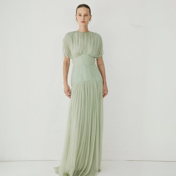 De La Vali Nymera Maxi Dress in Sage Green Tulle | Gathered Tulle Corset Gown with Ribbon Ties