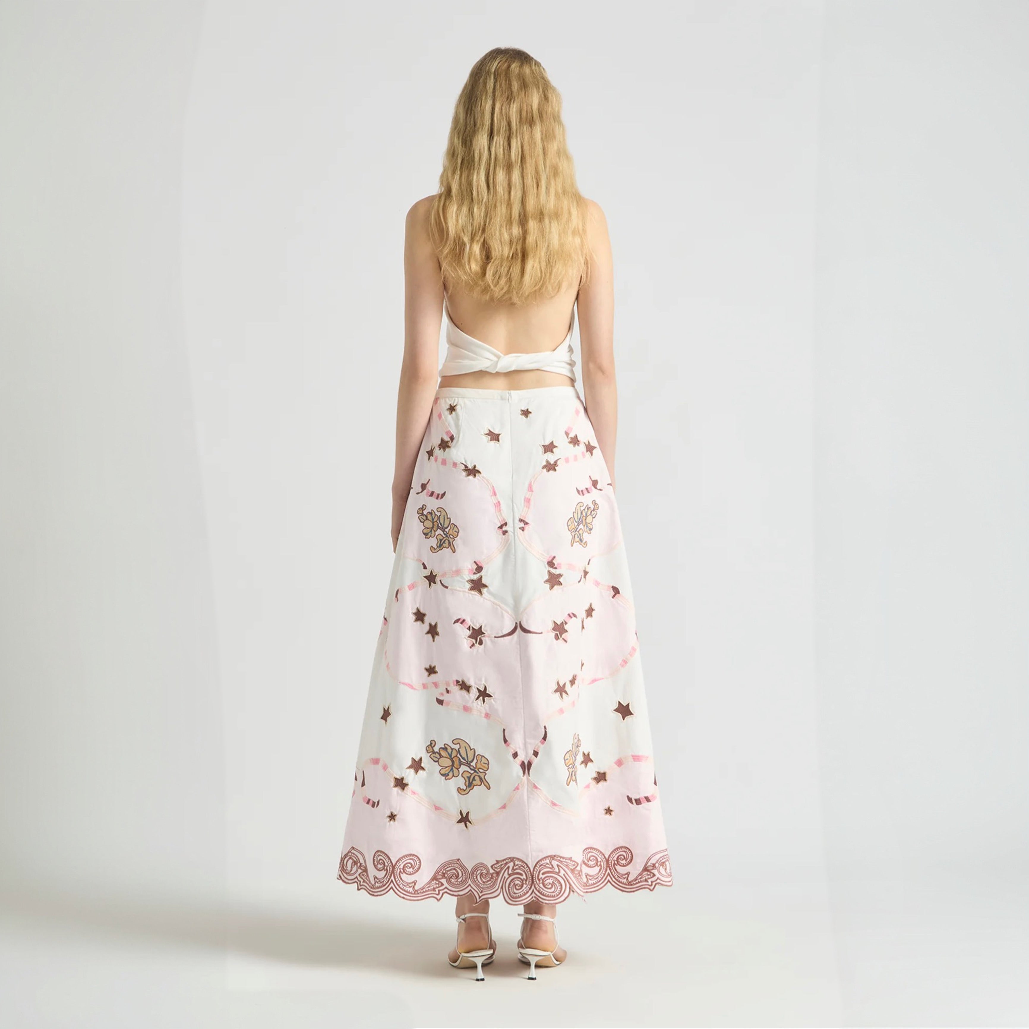 Antipodean Take It Easy Embroidered Midi Skirt - Rosewater