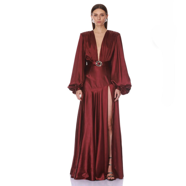 Bronx and Banco Long Sleeve V-Neck Burgundy Maxi Dress | Satin Plunge Gown with Crystal Buckle Belt