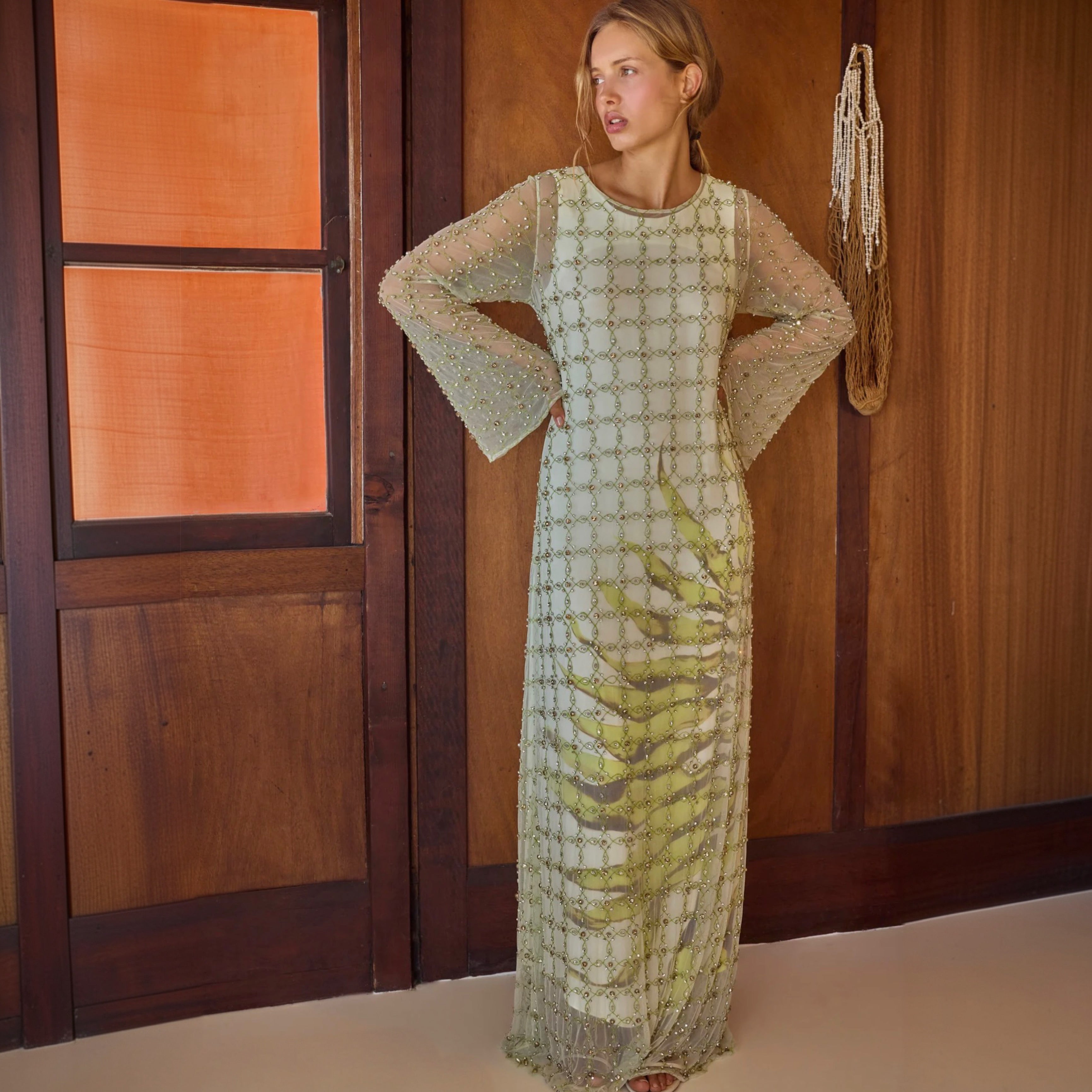 Antipodean Freefall Netted Overlay Gown Porcelain