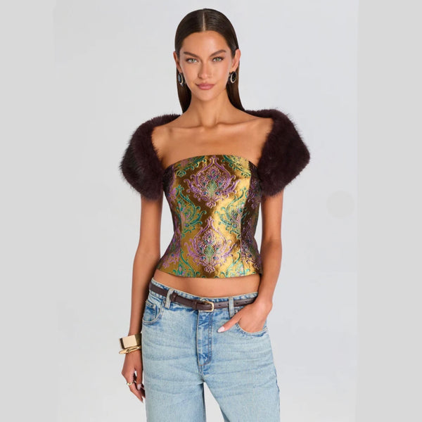 Retrofête Morro Faux Fur Top in Met Ochre Damask | Brocade Bustier Top with Removable Faux Fur Shawl