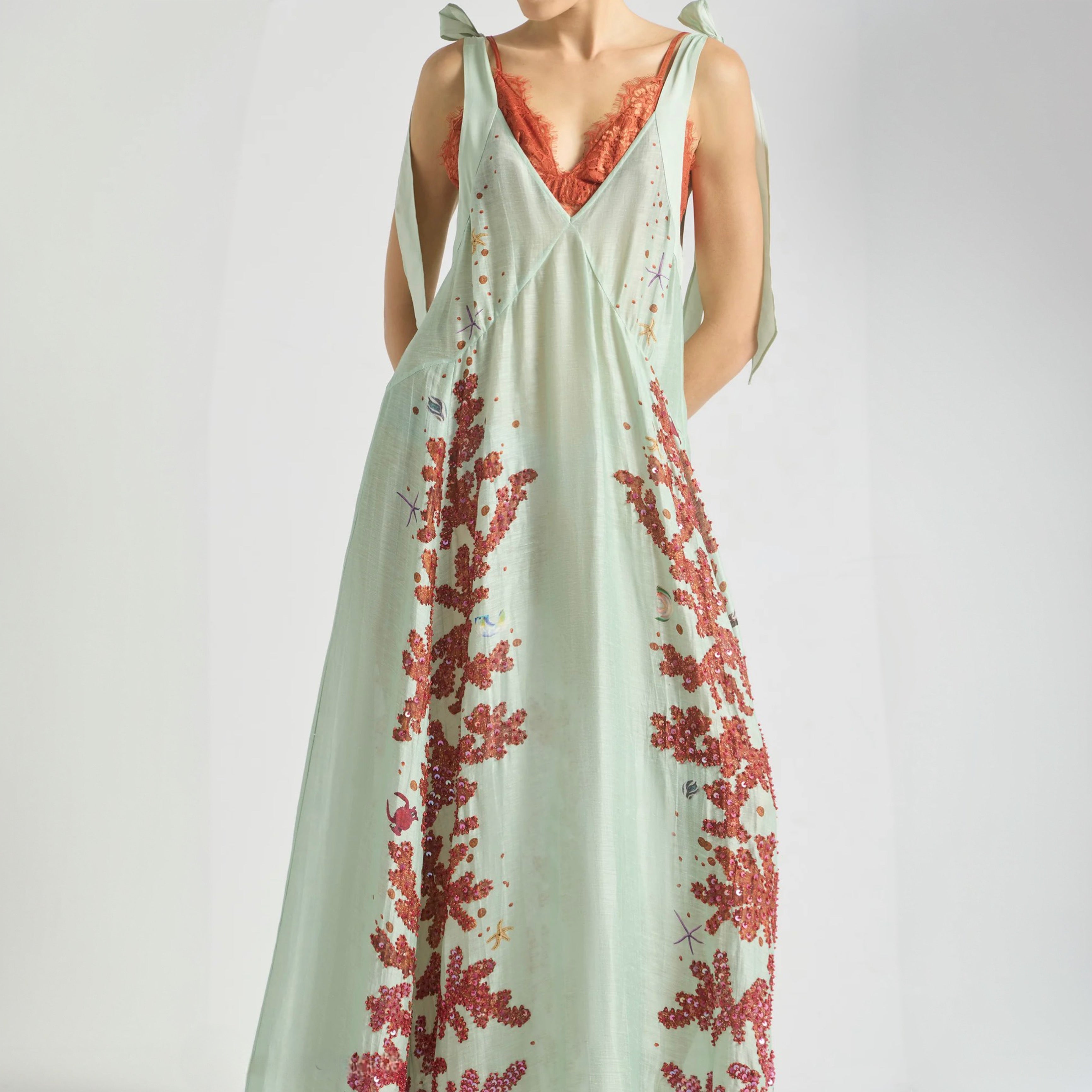 Antipodean Oceans Apart Deep V Gown- Seafoam