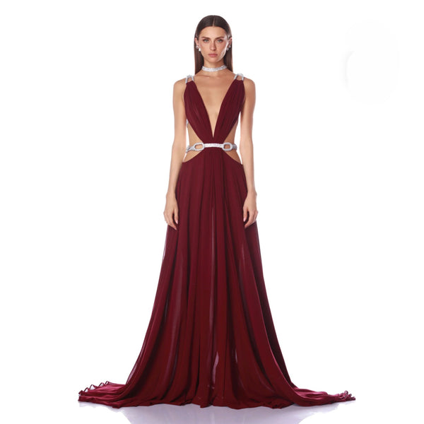 Bronx Banco Brielle Burgundy Diamond Gown | Crystal Chain Plunge Cutout Gown