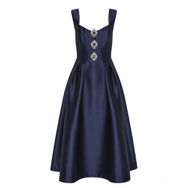 Rebecca Vallance Windermere Midi Dress in Sapphire | Jewel Brooch Satin Fit-and-Flare Midi Dress