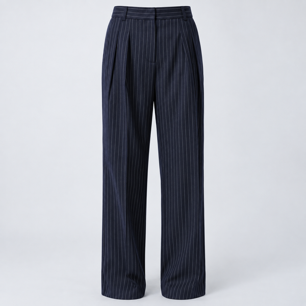 AKNVAS The Rune Trousers in Navy Pinstripe | Wide-Leg Pinstripe Trousers