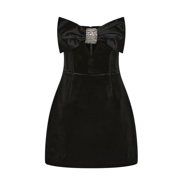 Rebecca Vallance Imogen Mini Dress in Black | Strapless Velvet Mini Dress with Diamante Bow