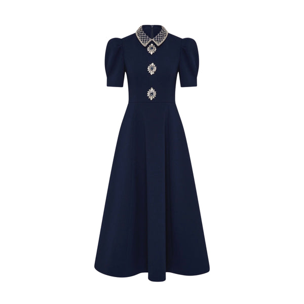 Rebecca Vallance Crown Jewel Short Sleeve Midi Dress in Sapphire | Diamante Brooch Crepe Midi Dress