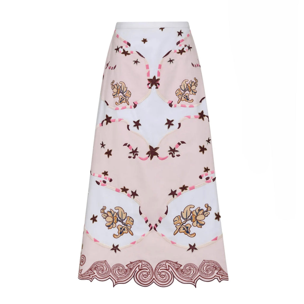 Antipodean Take It Easy Embroidered Midi Skirt - Rosewater