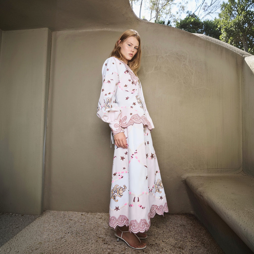 Antipodean Take It Easy Embroidered Midi Skirt - Rosewater
