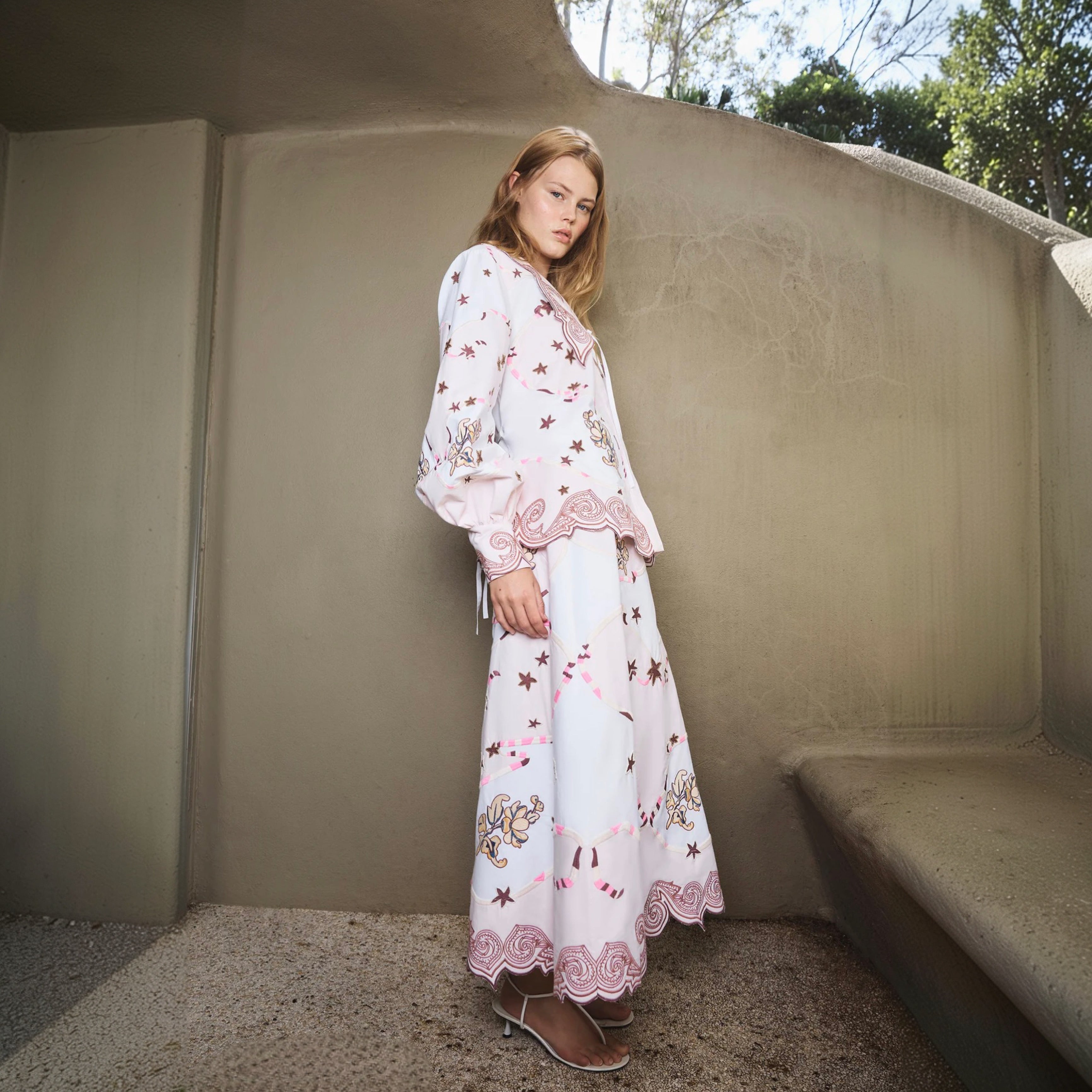 Antipodean Take It Easy Embroidered Midi Skirt - Rosewater