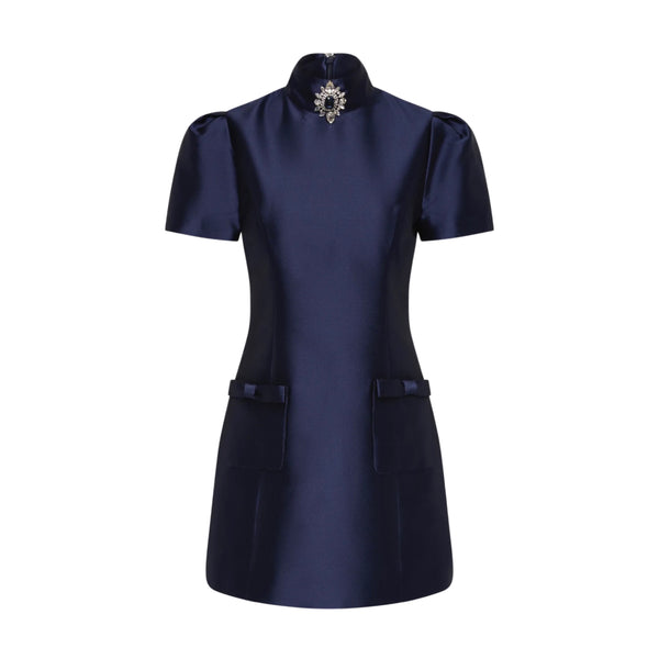 Rebecca Vallance Windermere Mini Dress in Sapphire | Jewel Brooch Satin Mini Dress with Bow Pockets
