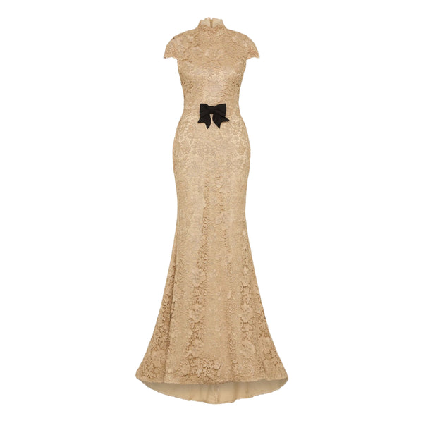 Rebecca Vallance Nottingham Short Sleeve Gown in Gold | Metallic Corded Lace Mermaid Gown with Satin Bow