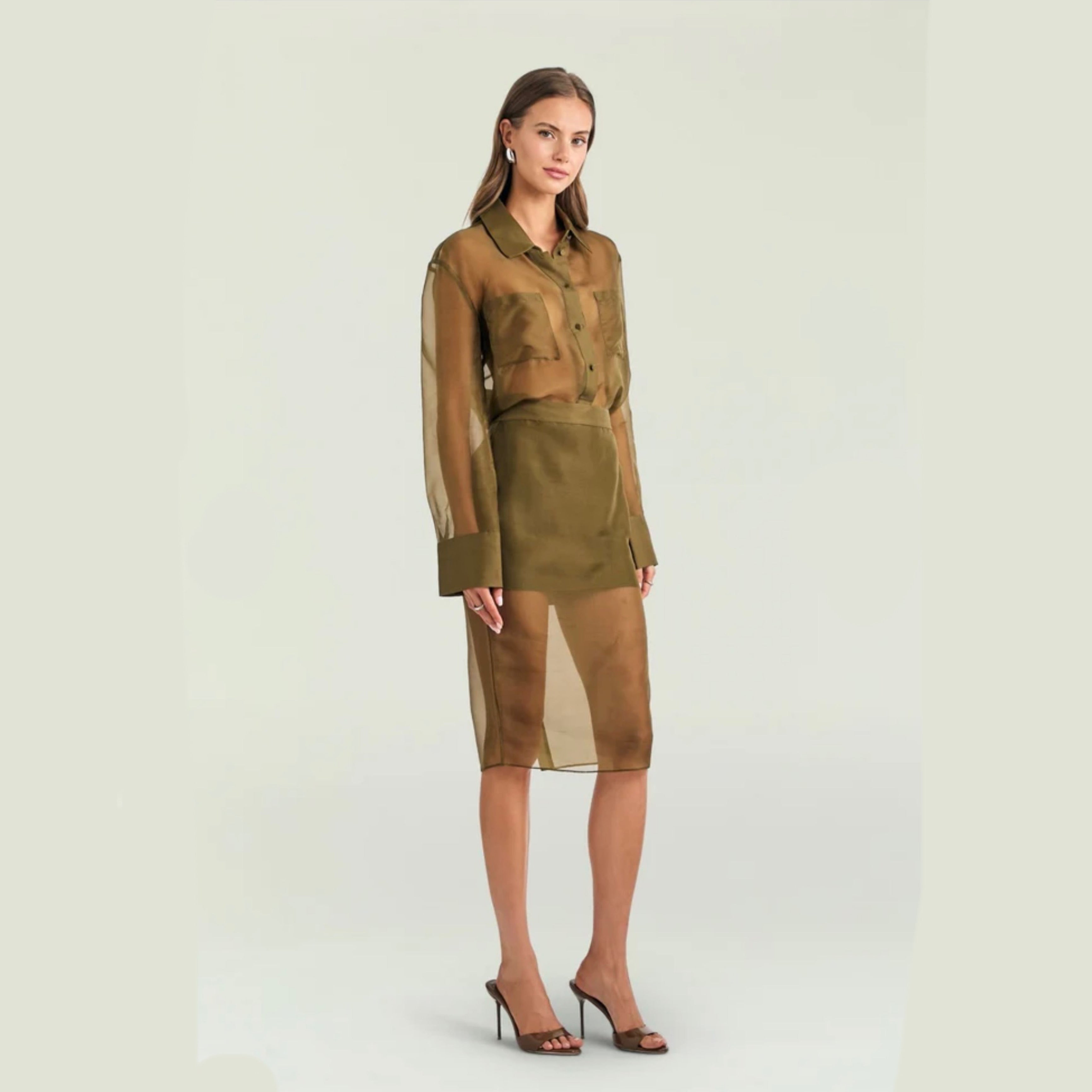 SEROYA - Elda Silk Midi Skirt | Olivewood