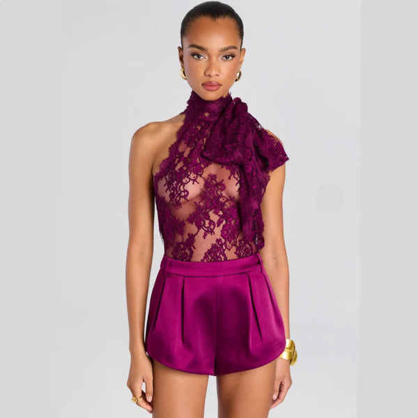 Retrofête Sigma Lace Top in Groseille | Sheer Sleeveless Lace Scarf-Tie Top