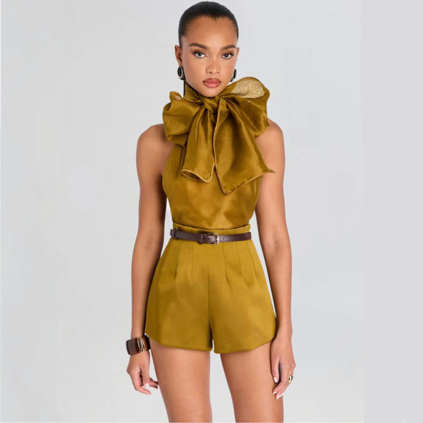 Retrofête Indira Silk Top in Ochre | Sleeveless Silk Bow-Neck Top
