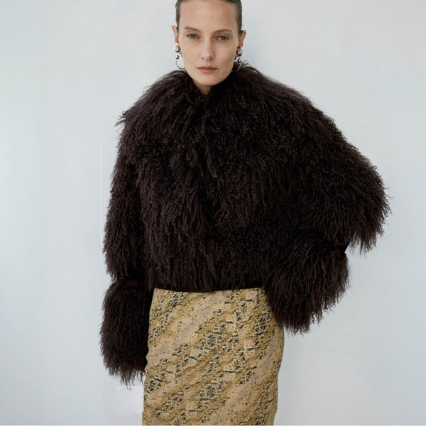 De La Vali Vespera Jacket in Chocolate Brown Mongolian Fur | Cropped Shearling Jacket with Suede Panels