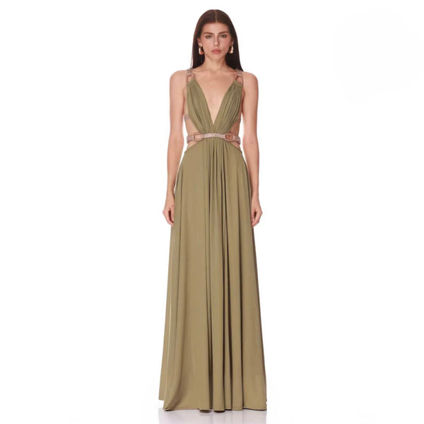 Bronx Banco Brielle Sage Diamond Gown | Crystal Chain Plunge Cutout Gown
