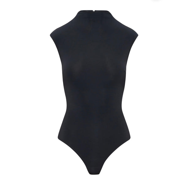 Artemis Diciero Paulina Bodysuit in Black | Fitted Mock-Neck Crepe Bodysuit