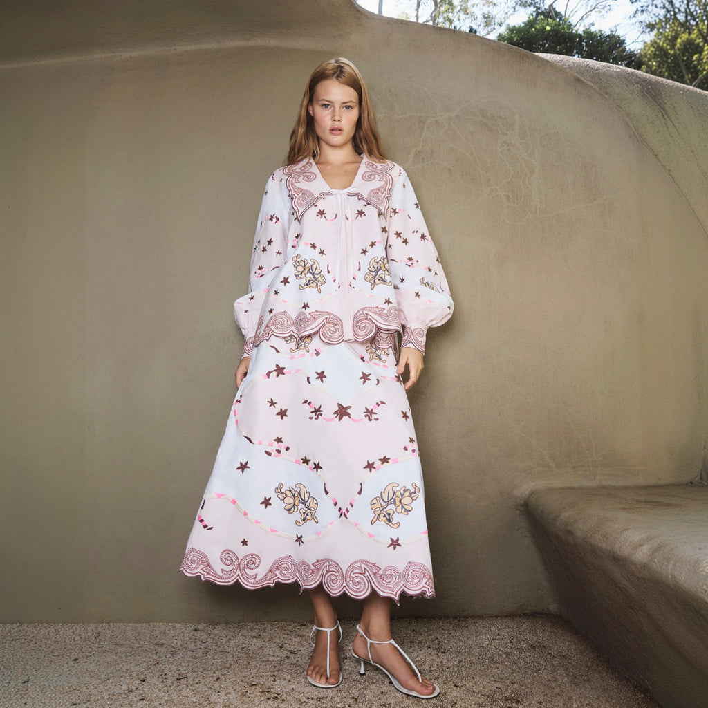 Antipodean Take It Easy Embroidered Midi Skirt - Rosewater