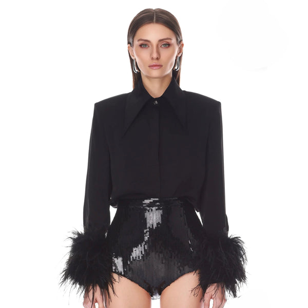 Bronx and Banco Button Down Blouse with Feather Cuffs in Black | Ostrich Feather Cuff Shirt