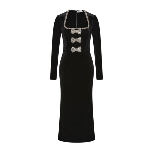 Rebecca Vallance Imogen Midi Dress in Black | Diamante Bow Velvet Midi Dress