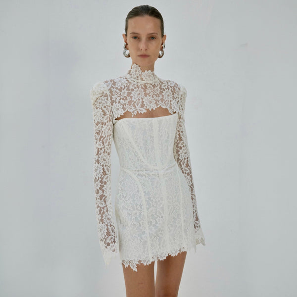 De La Vali Viresco Mini Dress in Ivory Lace | High-Neck Corset Lace Mini Dress