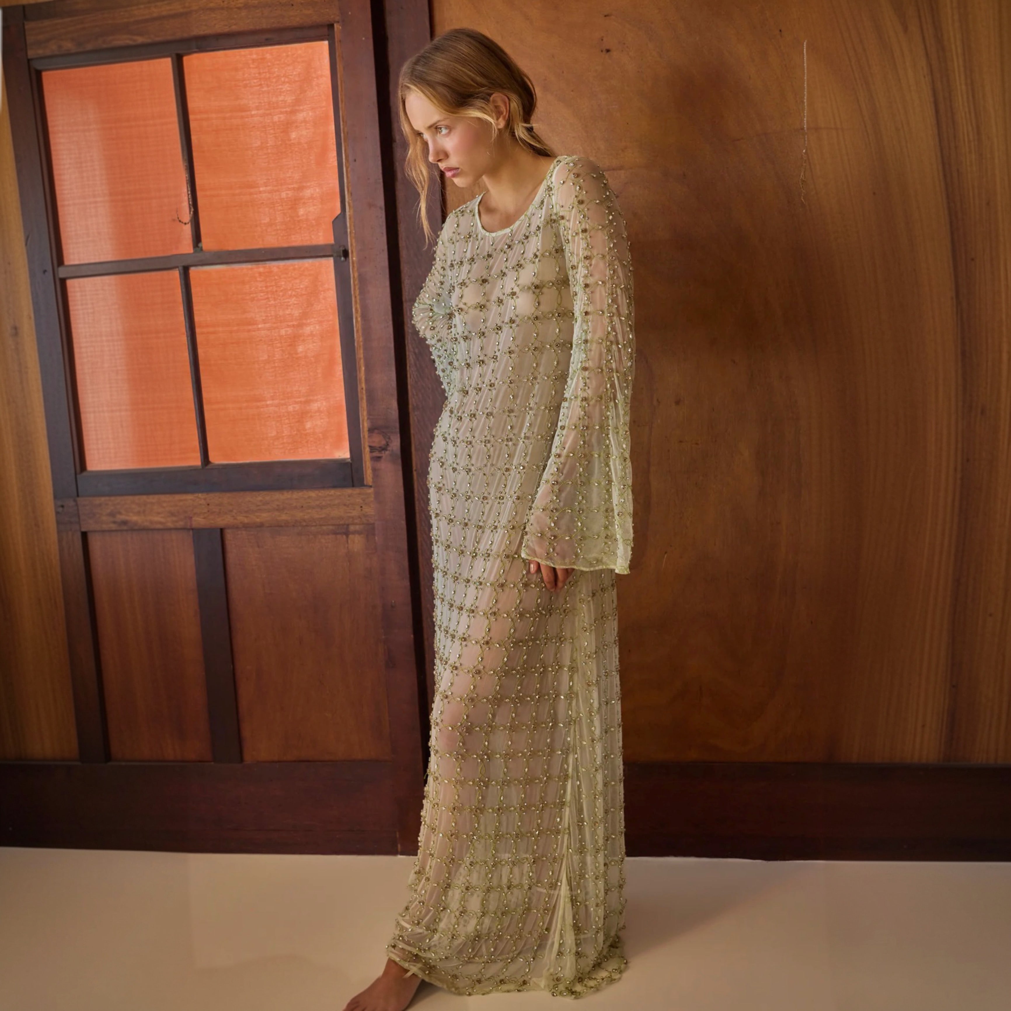 Antipodean Freefall Netted Overlay Gown Porcelain