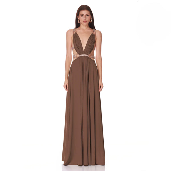 Bronx Banco Brielle Brown Diamond Gown | Crystal Chain Plunge Cutout Gown