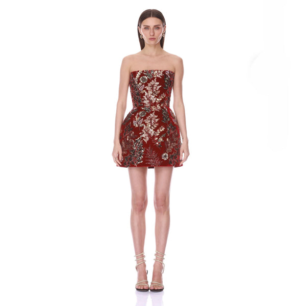 Bronx and Banco Strapless Velvet Embroidered Mini Dress in Red | Beaded Floral Velvet Corset Mini Dress