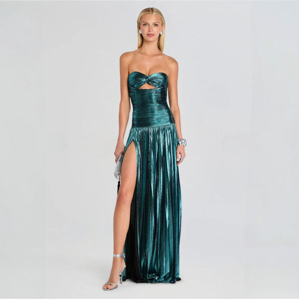 Retrofête Monterey Dress in Metallic Sarcelle | Strapless Pleated Lamé Gown