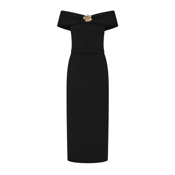 Rebecca Vallance Highclere Midi Dress in Black | Off-the-Shoulder Belted Crepe Pencil Midi Dress