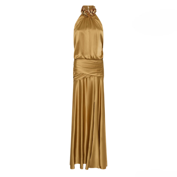 Rebecca Vallance Windsor Gown in Gold | Silk Halter Gown with Sequin Collar and Drop Waist