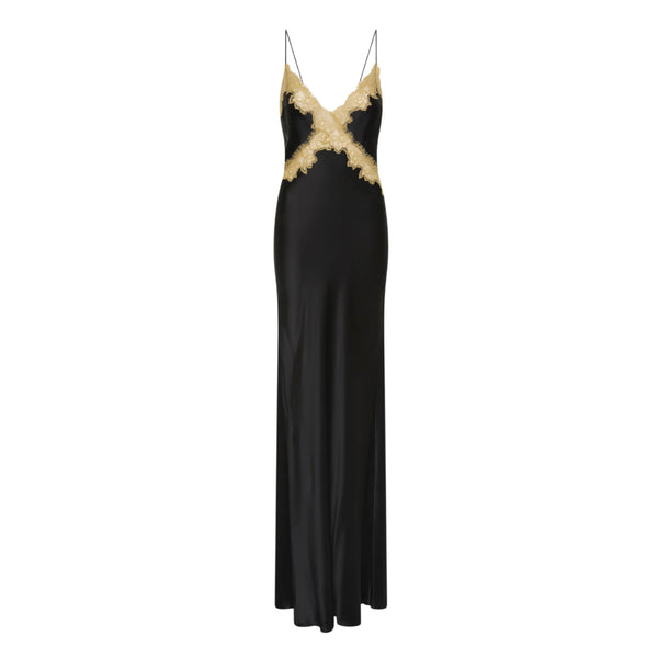 Rebecca Vallance Windsor Maxi Dress in Black | Silk Slip Gown with Lace Appliqué