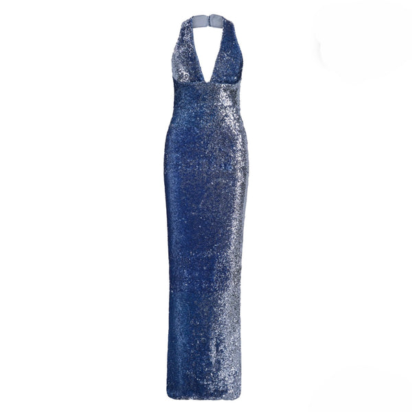 Rebecca Vallance Cambridge Column Gown in Blue Topaz | Plunge Halter Sequin Column Gown