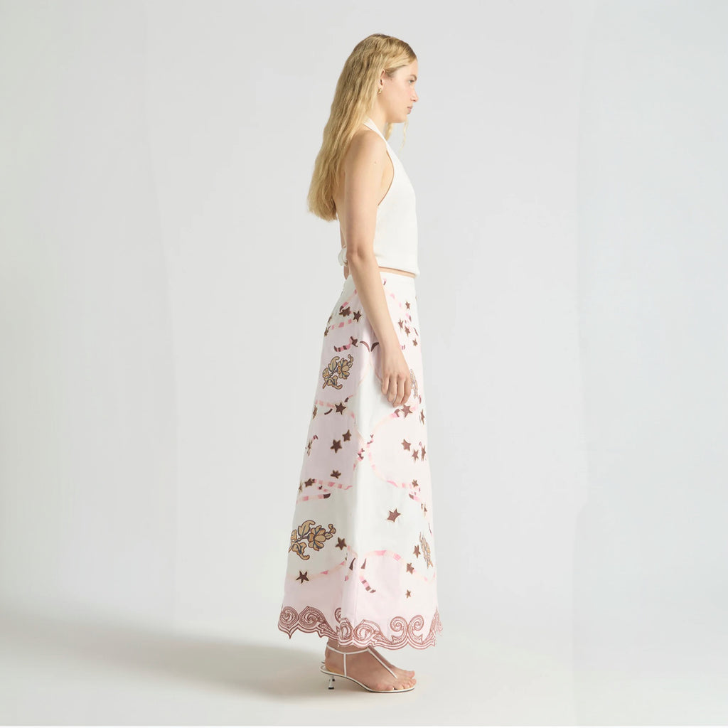 Antipodean Take It Easy Embroidered Midi Skirt - Rosewater