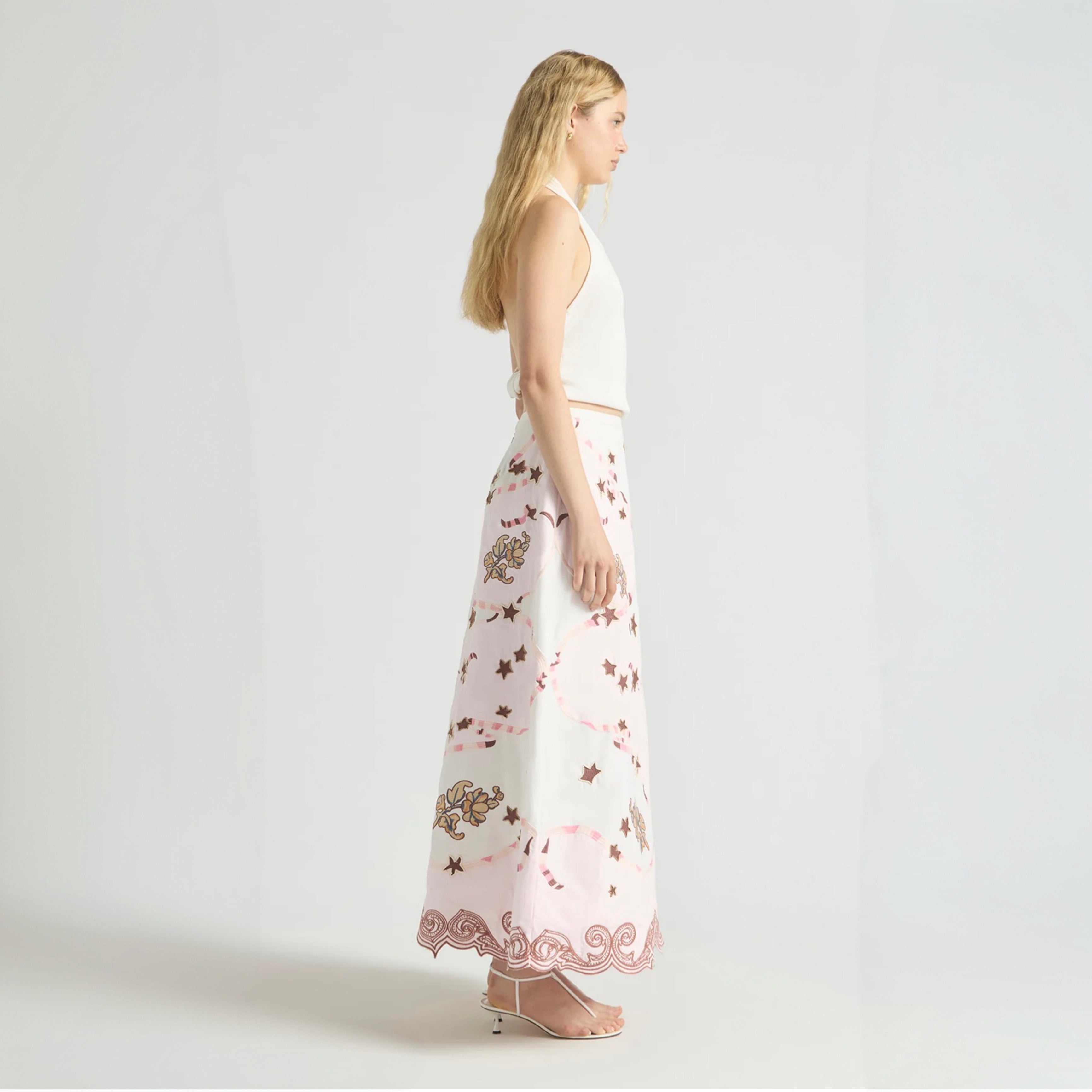 Antipodean Take It Easy Embroidered Midi Skirt - Rosewater