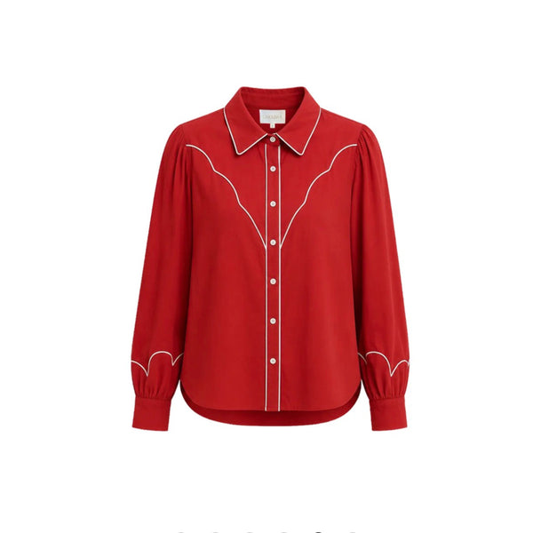 Carolina K Rodeo Shirt | Red Western Button-Up Shirt with White Piping