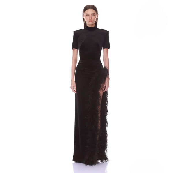 Bronx and Banco Velvet Maxi Dress with Feather Trim in Black | High-Neck Feather-Slit Velvet Gown