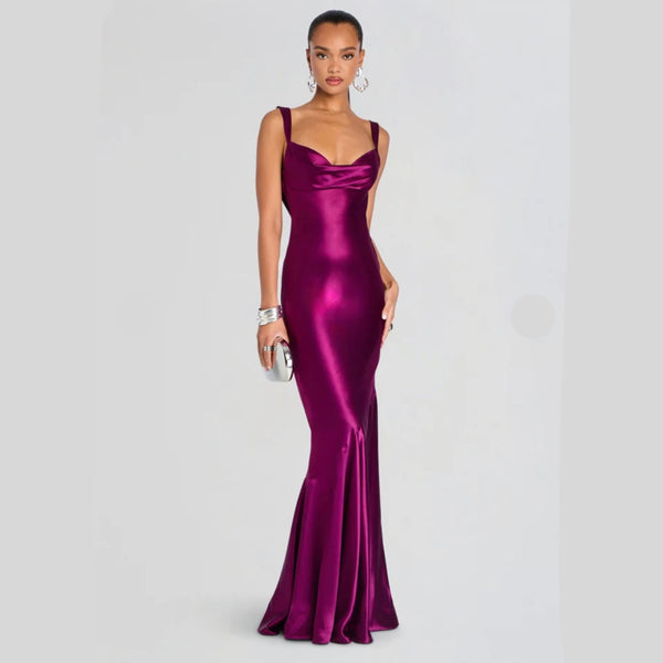Retrofête Vinicia Dress | Satin Cowl-Neck Open-Back Gown in Groseille