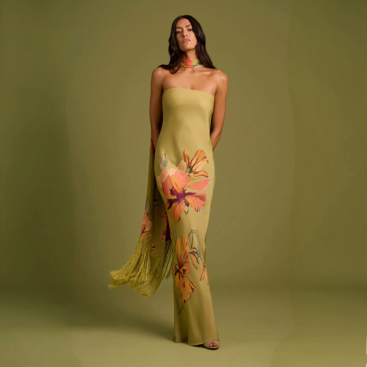 Rococo Sand Norma Fringe Sash Maxi Dress | Olive