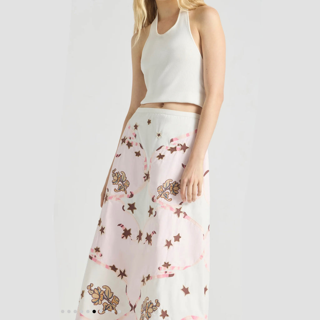 Antipodean Take It Easy Embroidered Midi Skirt - Rosewater