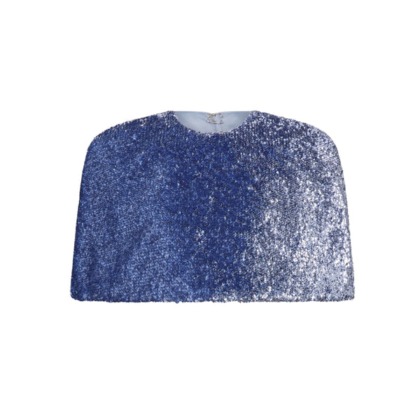 Rebecca Vallance Cambridge Cape in Blue Topaz | Sequin Capelet with Shoulder Pads