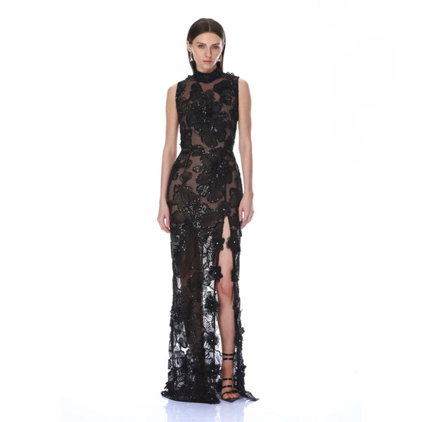 Bronx and Banco High-Neck Embellished Black Maxi Dress | Beaded Floral Tulle Gown