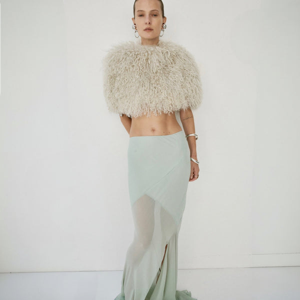 De La Vali Selene Fur Capelet in Cream Mongolian Fur | Cropped Shearling Capelet with Shoulder Pads