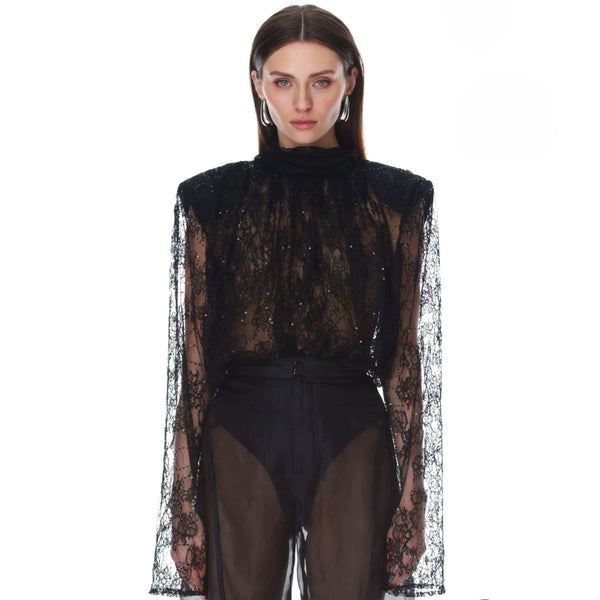 Bronx and Banco Sequin Lace Long Sleeve Bodysuit in Black | Sheer High-Neck Lace Bodysuit