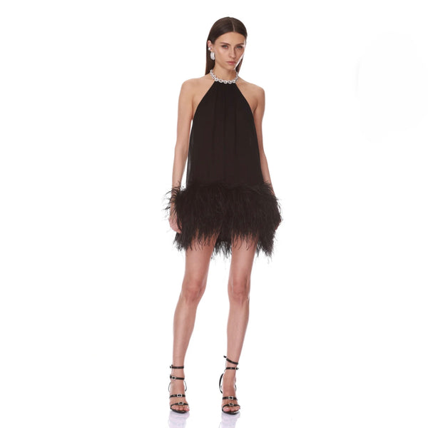 Bronx and Banco Madeline Halter Neck Mini Dress in Black | Crystal Halter Feather-Trim Swing Dress