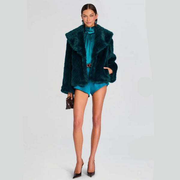 Retrofête Olsen Faux Fur Jacket in Sarcelle | Teal Faux Fur Jacket
