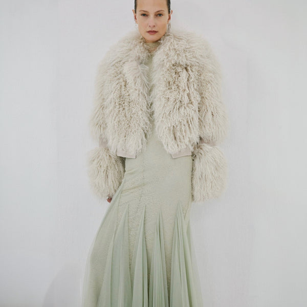 De La Vali Vespera Jacket in Cream Mongolian Fur | Cropped Shearling Jacket with Suede Panels
